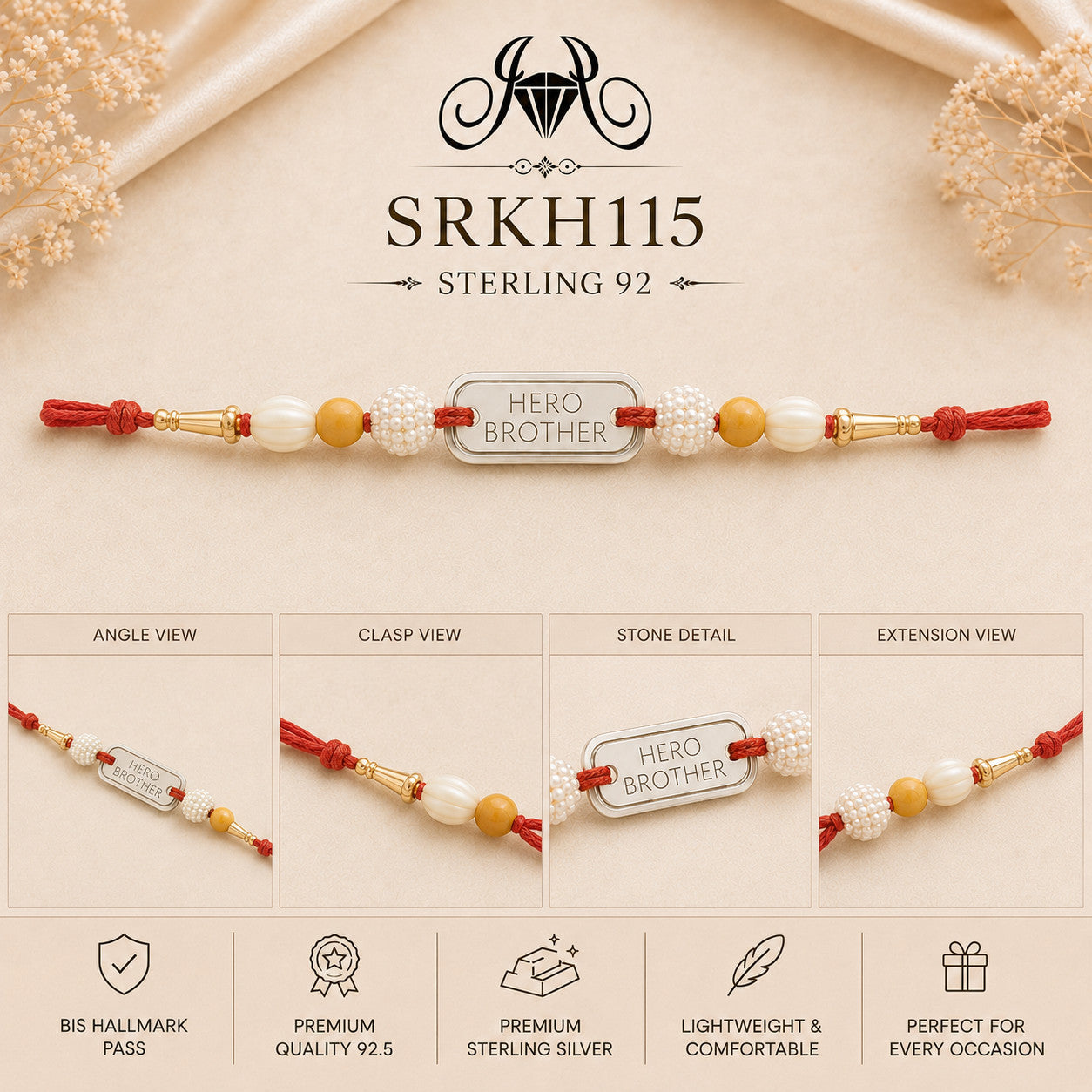 SRKH115 premium sterling silver Rakhi detail views