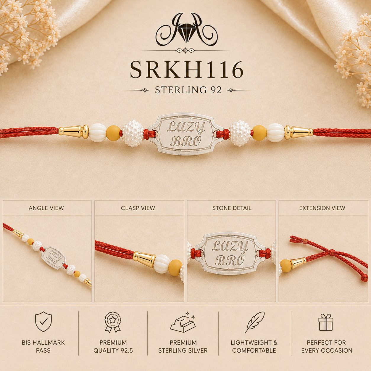 SRKH116 premium sterling silver Rakhi detail views