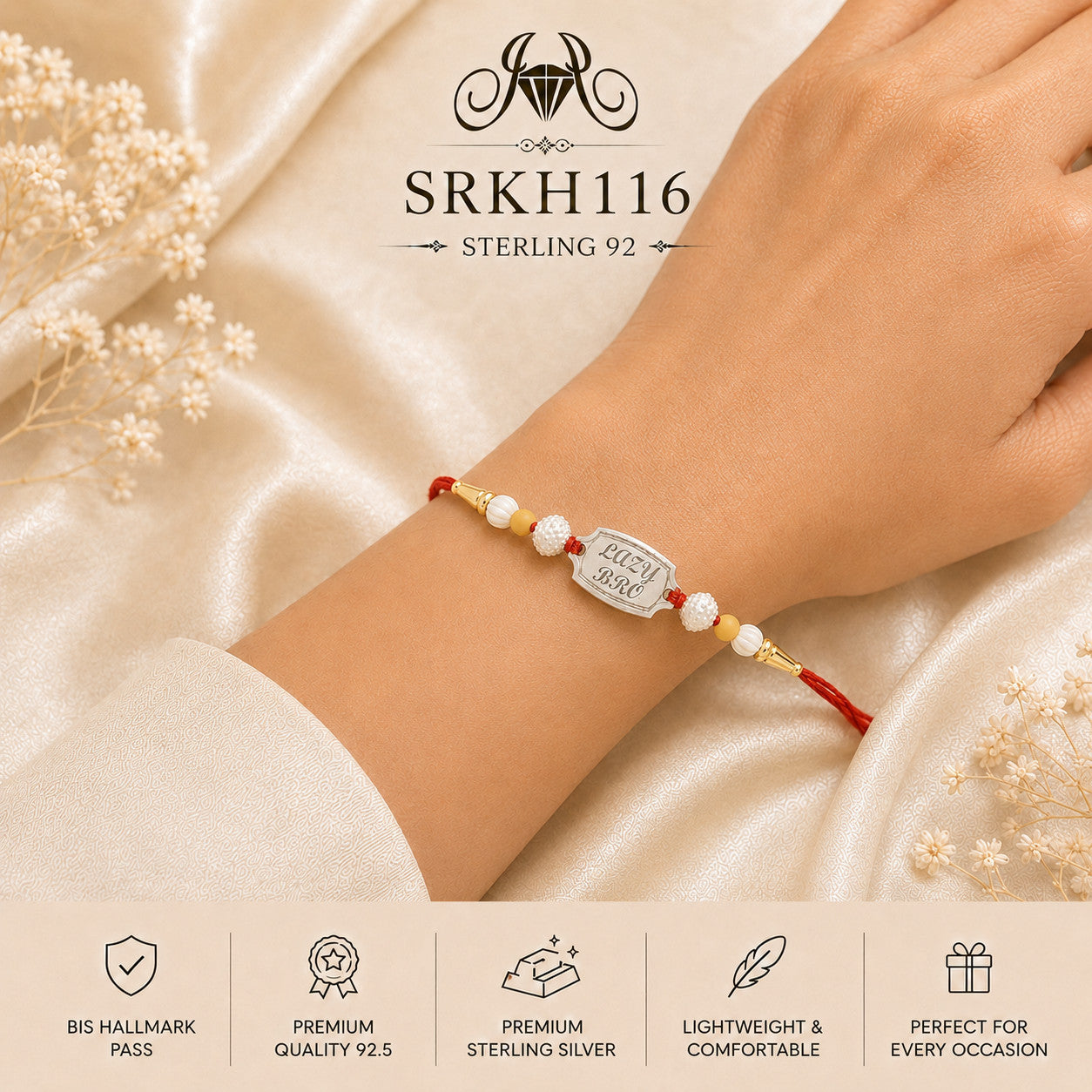 SRKH116 premium sterling silver Rakhi worn on wrist