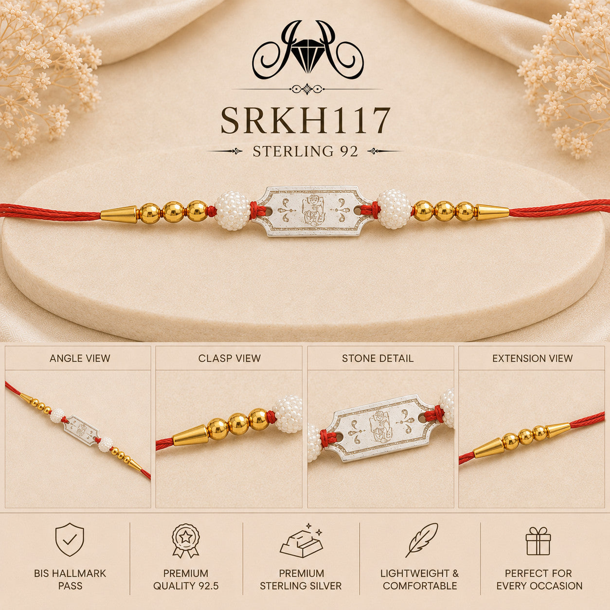SRKH117 premium sterling silver Rakhi detail views