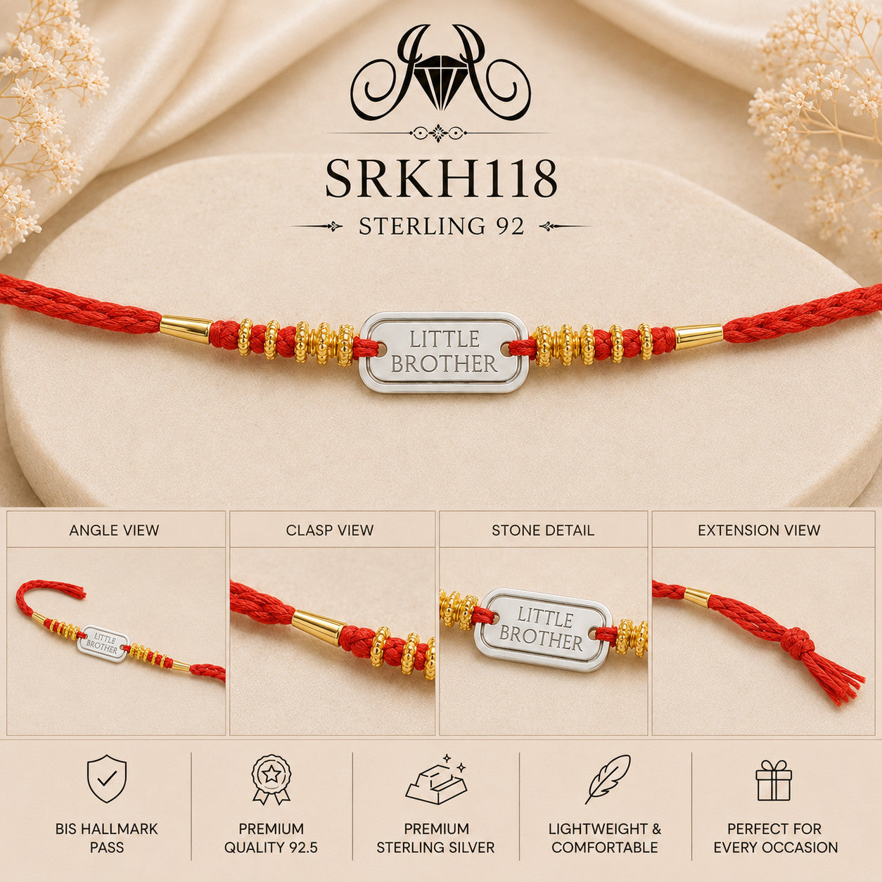SRKH118 premium sterling silver Rakhi detail views