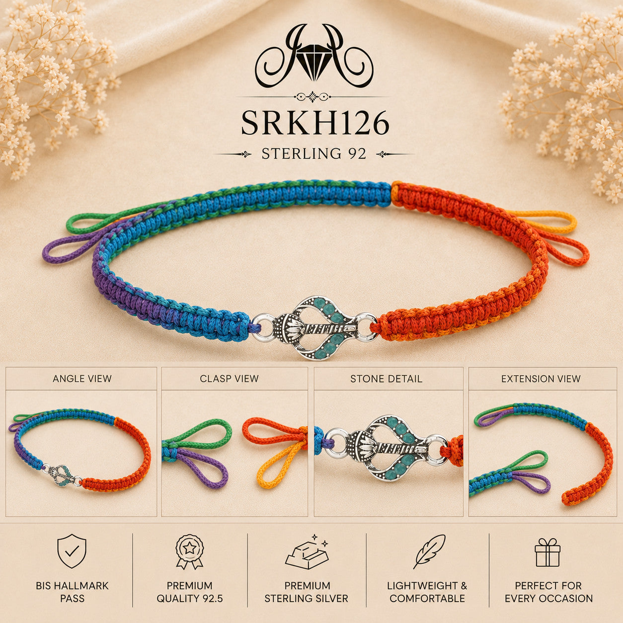 SRKH126 premium sterling silver Rakhi detail views