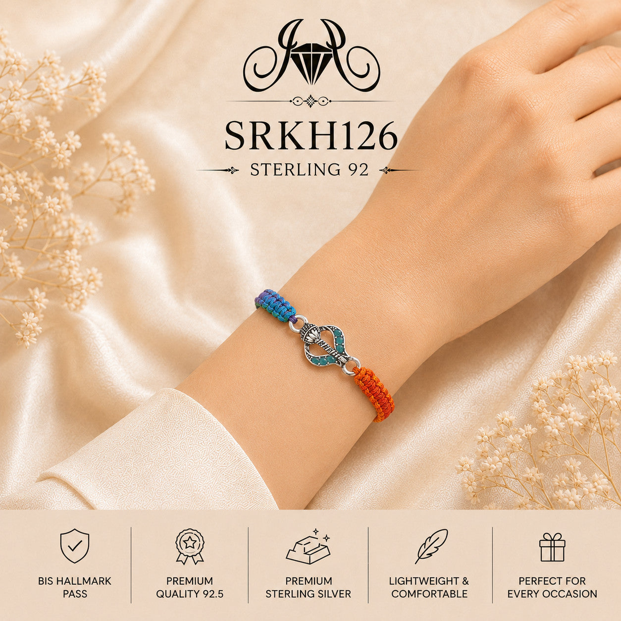 SRKH126 premium sterling silver Rakhi worn on wrist
