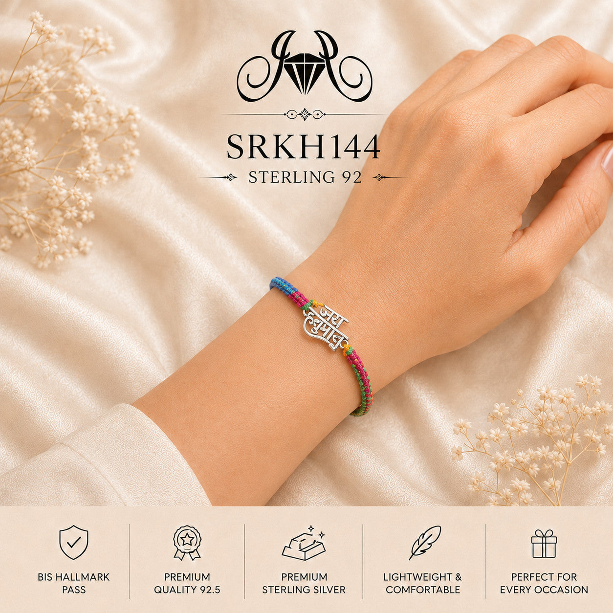 SRKH144 premium sterling silver Rakhi worn on wrist