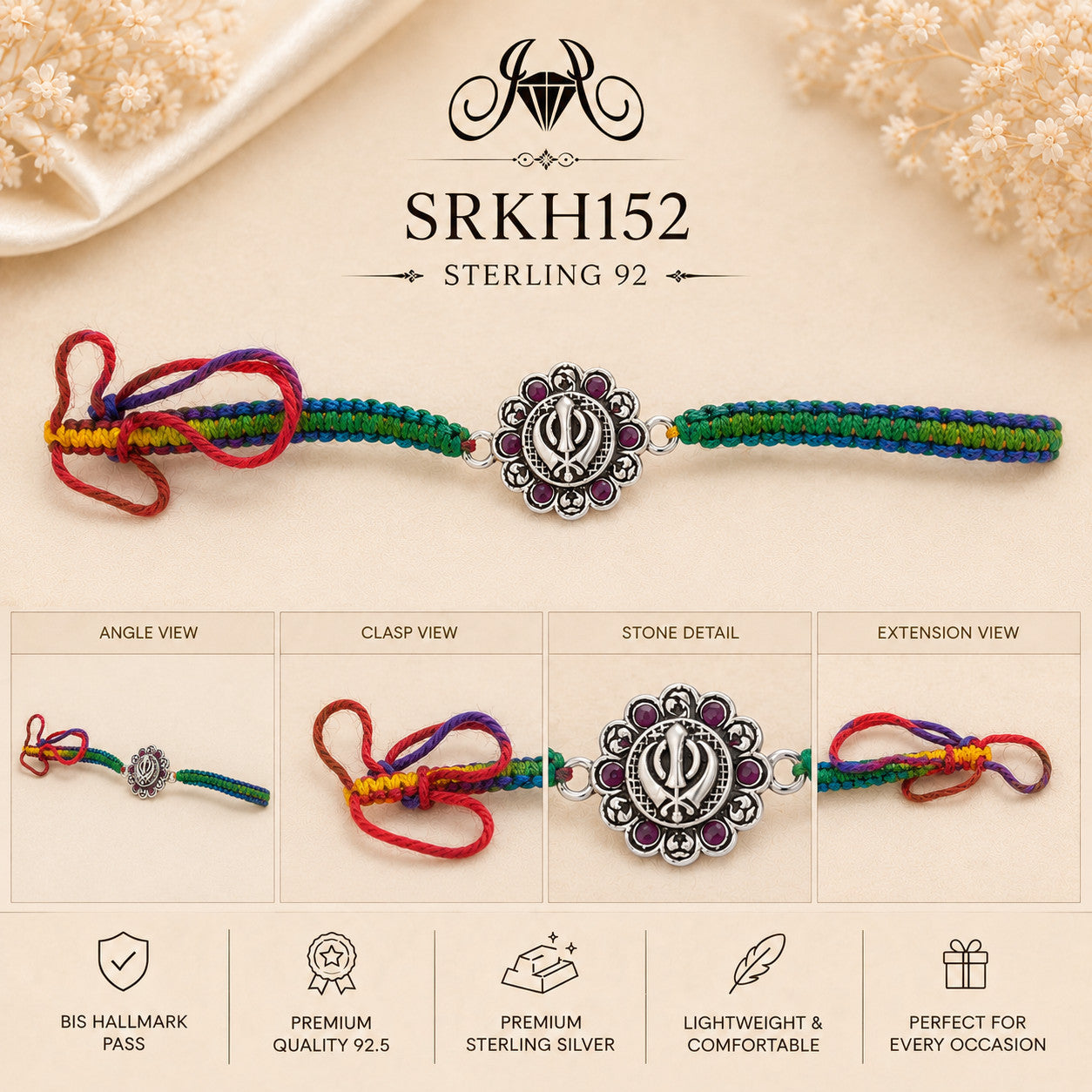 SRKH152 premium sterling silver Rakhi detail views