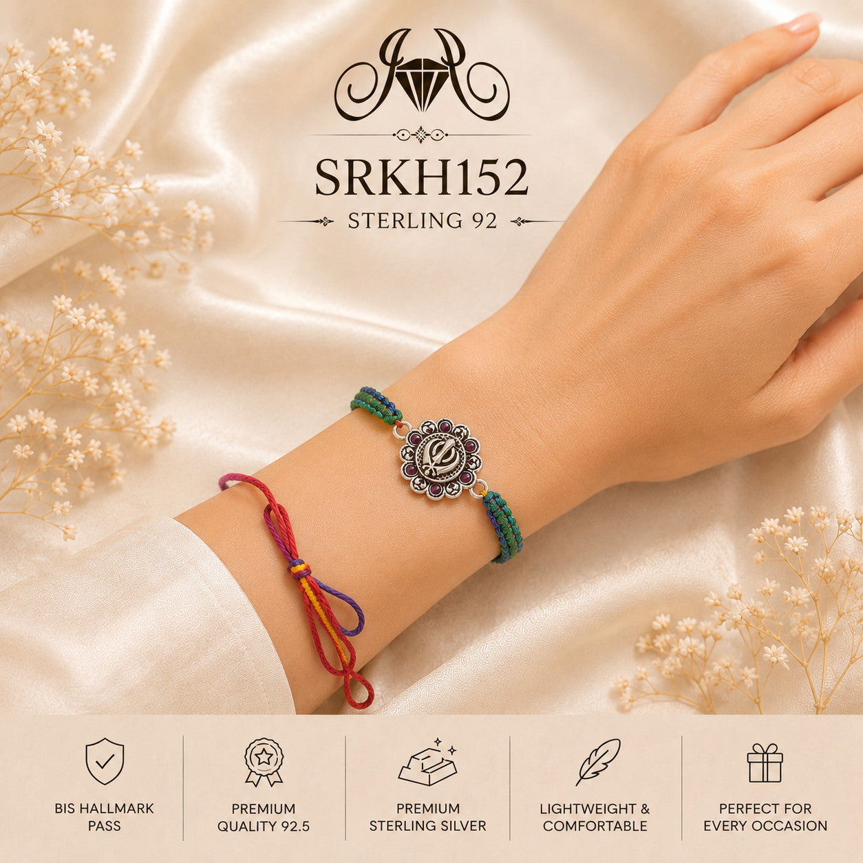 SRKH152 premium sterling silver Rakhi worn on wrist