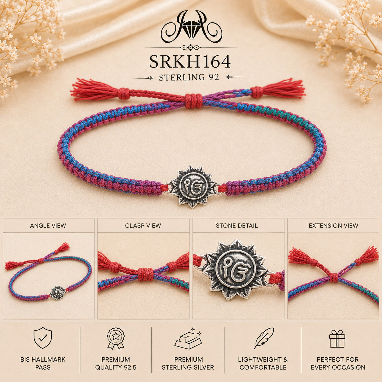 SRKH164 premium sterling silver Rakhi detail views