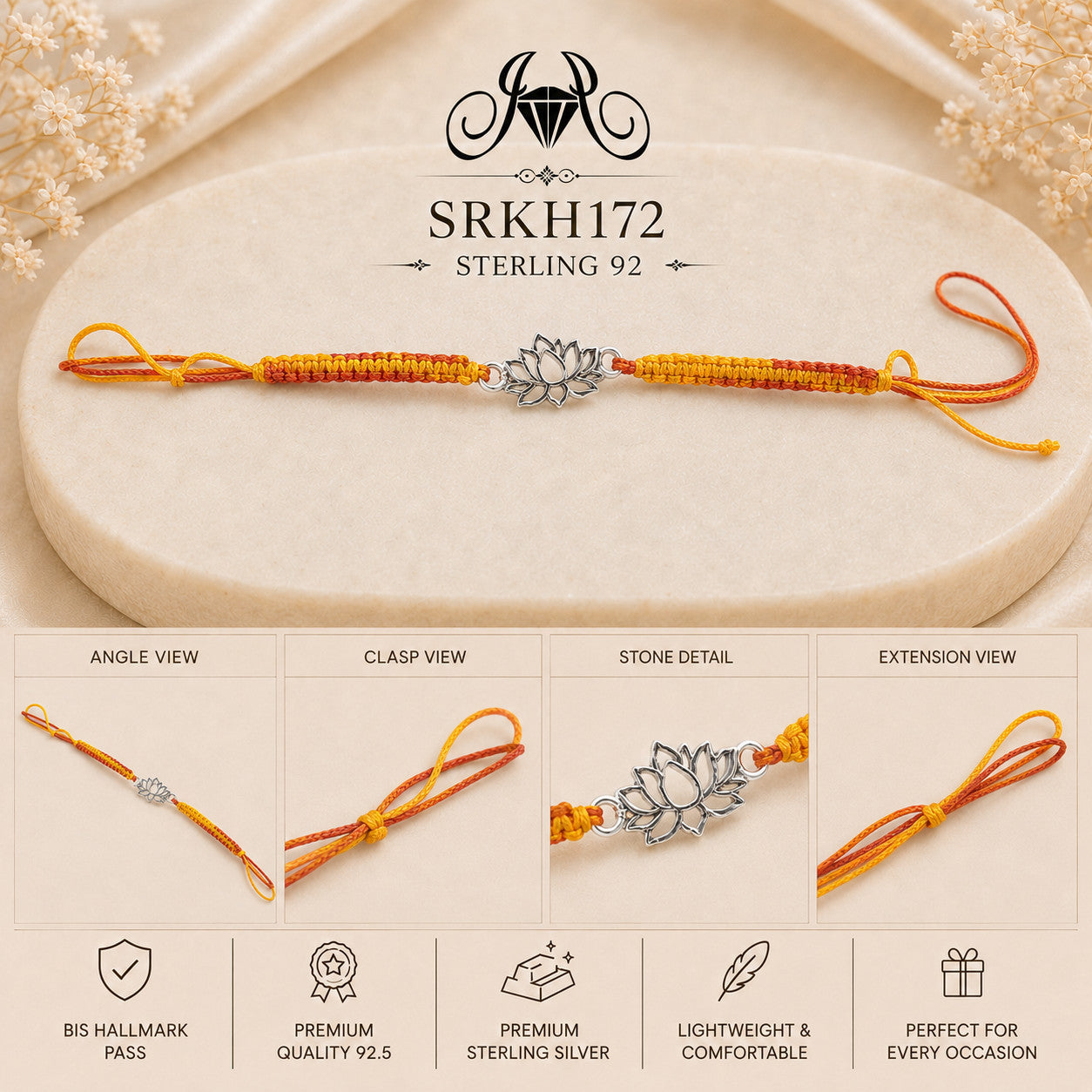 SRKH172 premium sterling silver Rakhi detail views