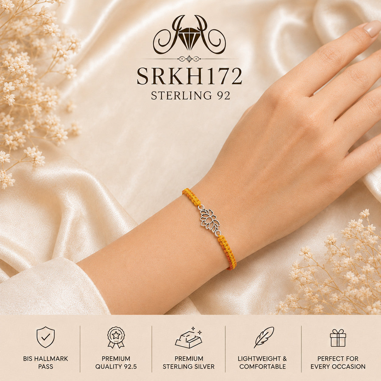 SRKH172 premium sterling silver Rakhi worn on wrist