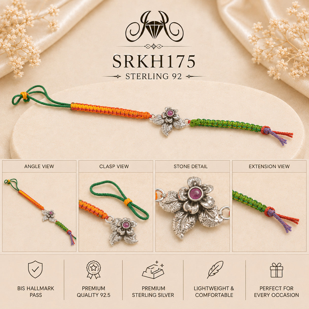 SRKH175 premium sterling silver Rakhi detail views