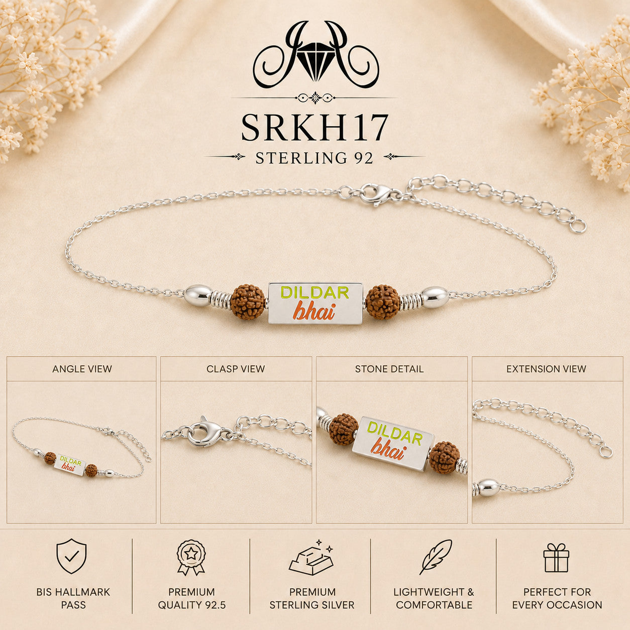 SRKH17 premium sterling silver Rakhi detail views