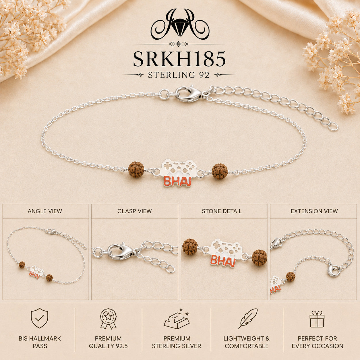 SRKH185 premium sterling silver Rakhi detail views