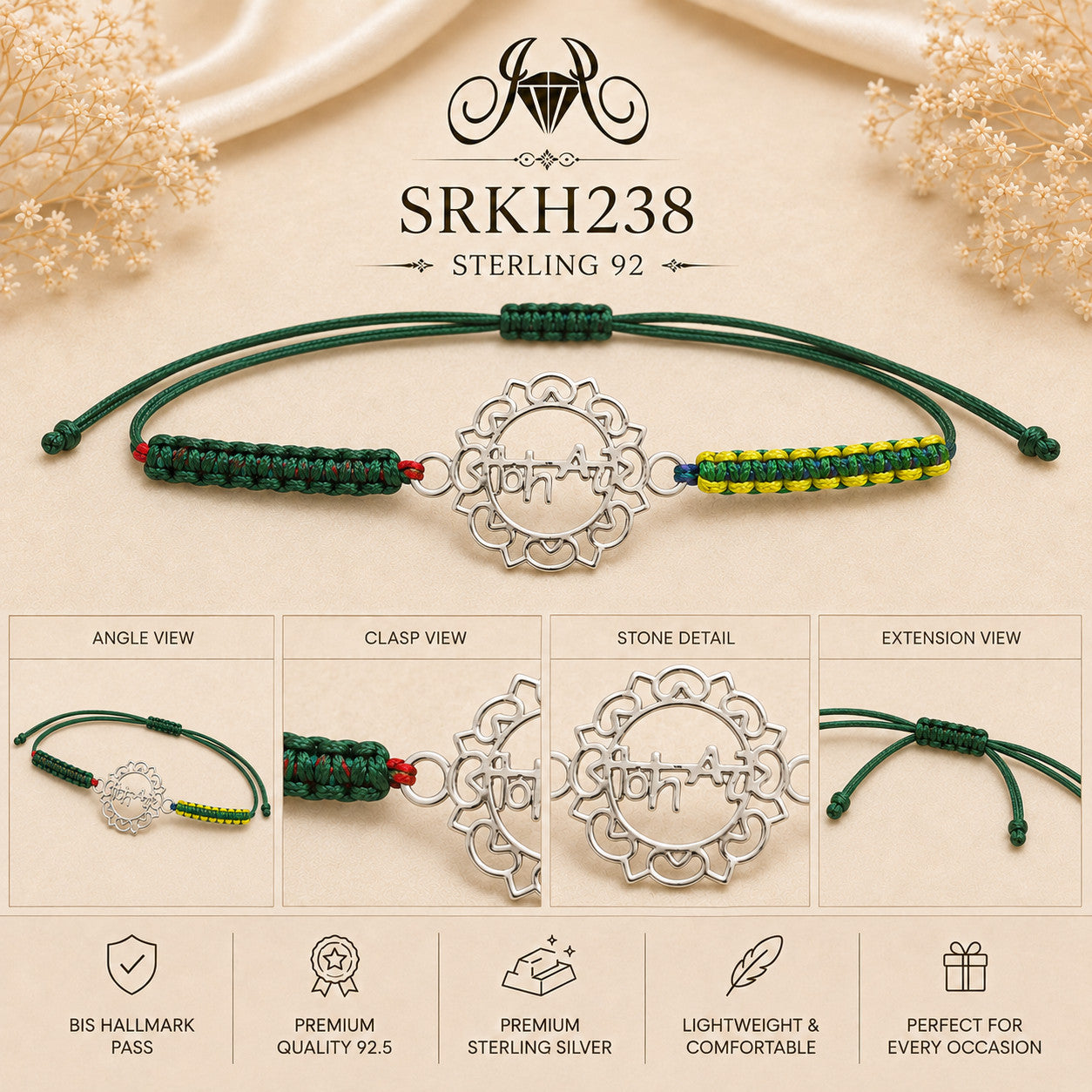 SRKH238 premium sterling silver Rakhi detail views