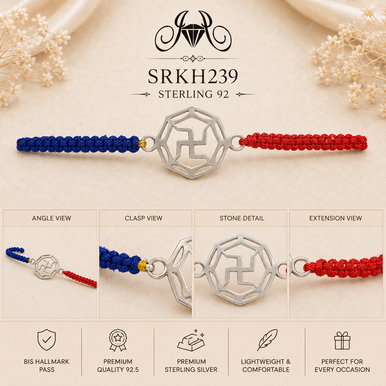 SRKH239 premium sterling silver Rakhi detail views