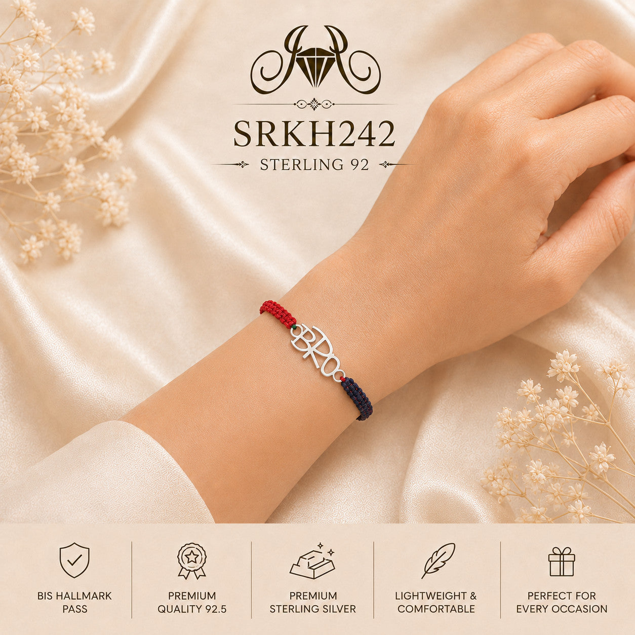 SRKH242 premium sterling silver Rakhi worn on wrist