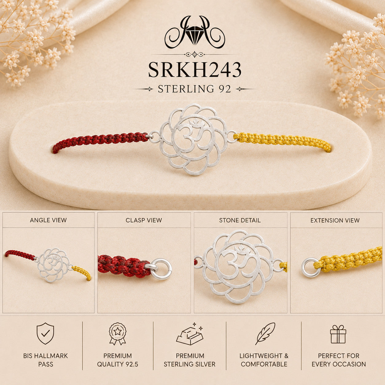 SRKH243 premium sterling silver Rakhi detail views