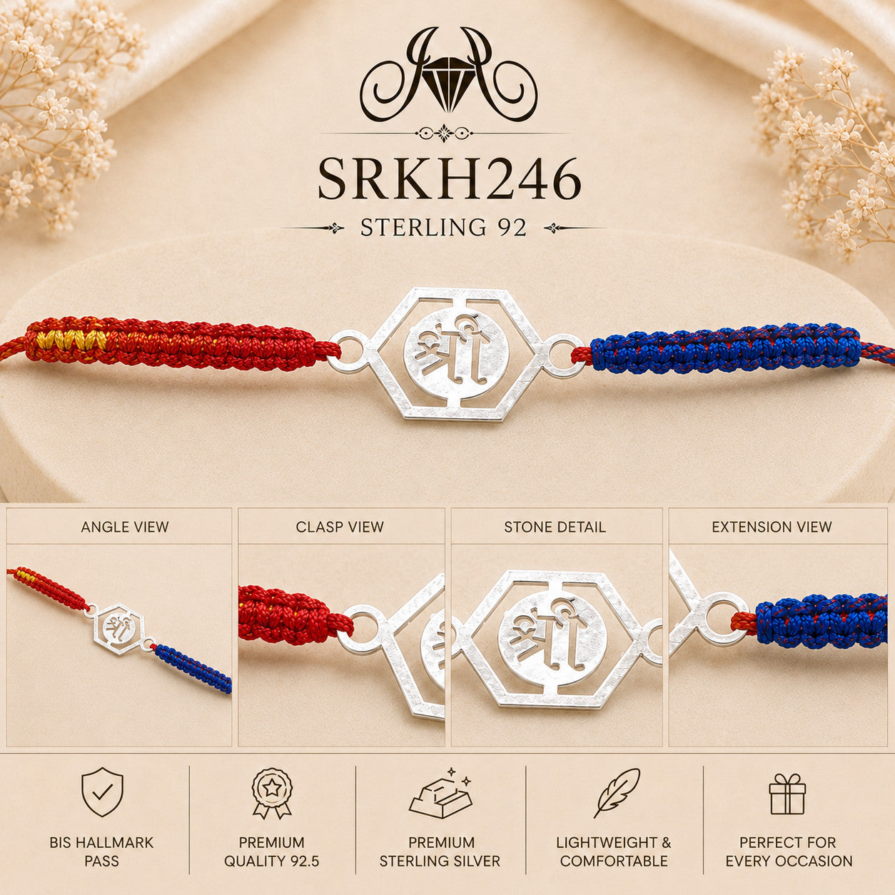 SRKH246 premium sterling silver Rakhi detail views