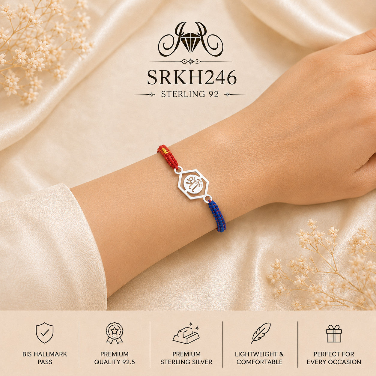 SRKH246 premium sterling silver Rakhi worn on wrist