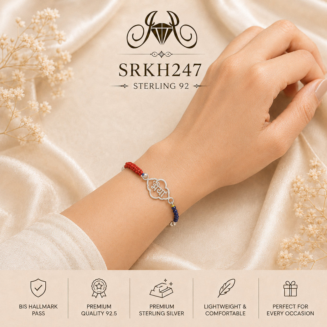 SRKH247 premium sterling silver Rakhi worn on wrist