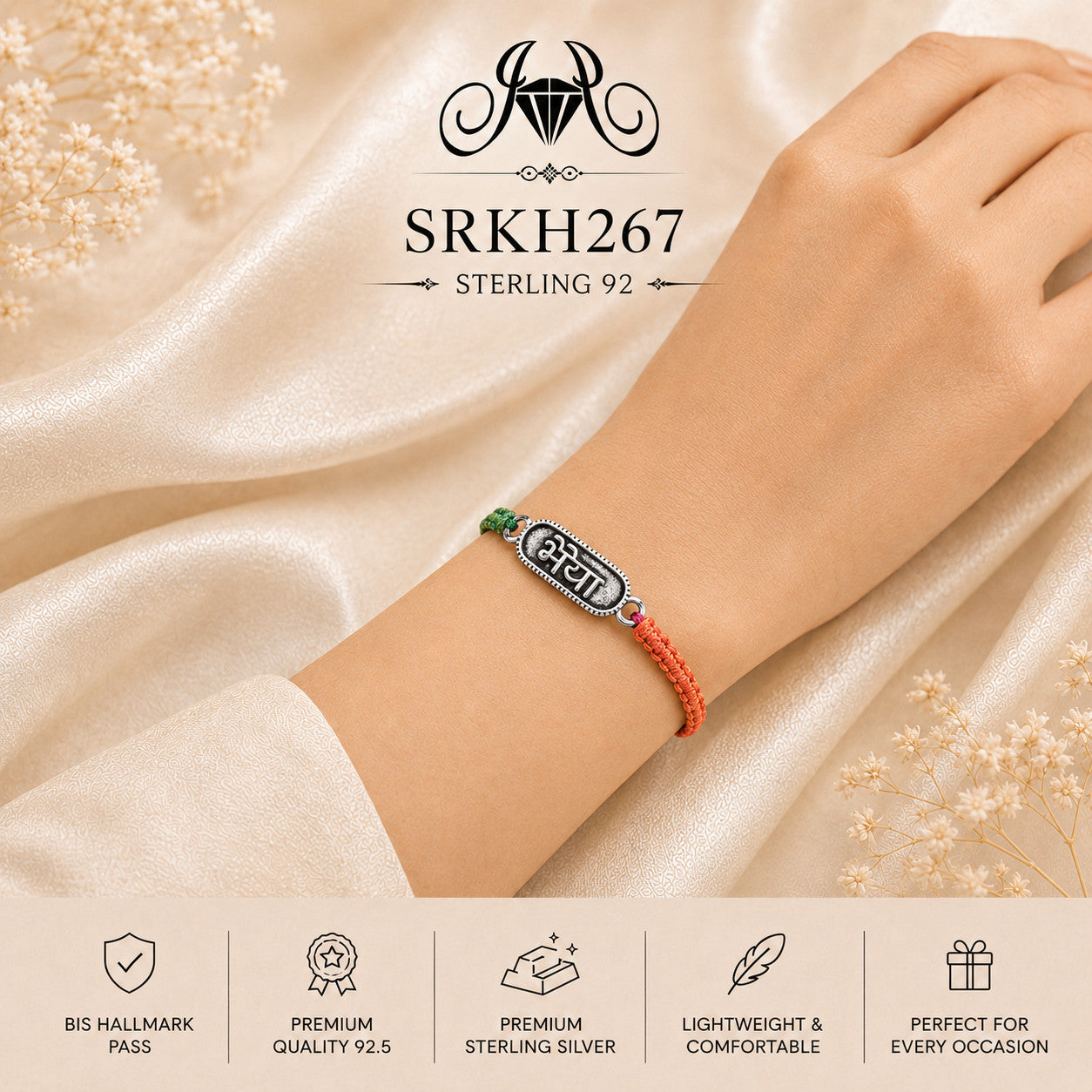 SRKH267 premium sterling silver Rakhi worn on wrist