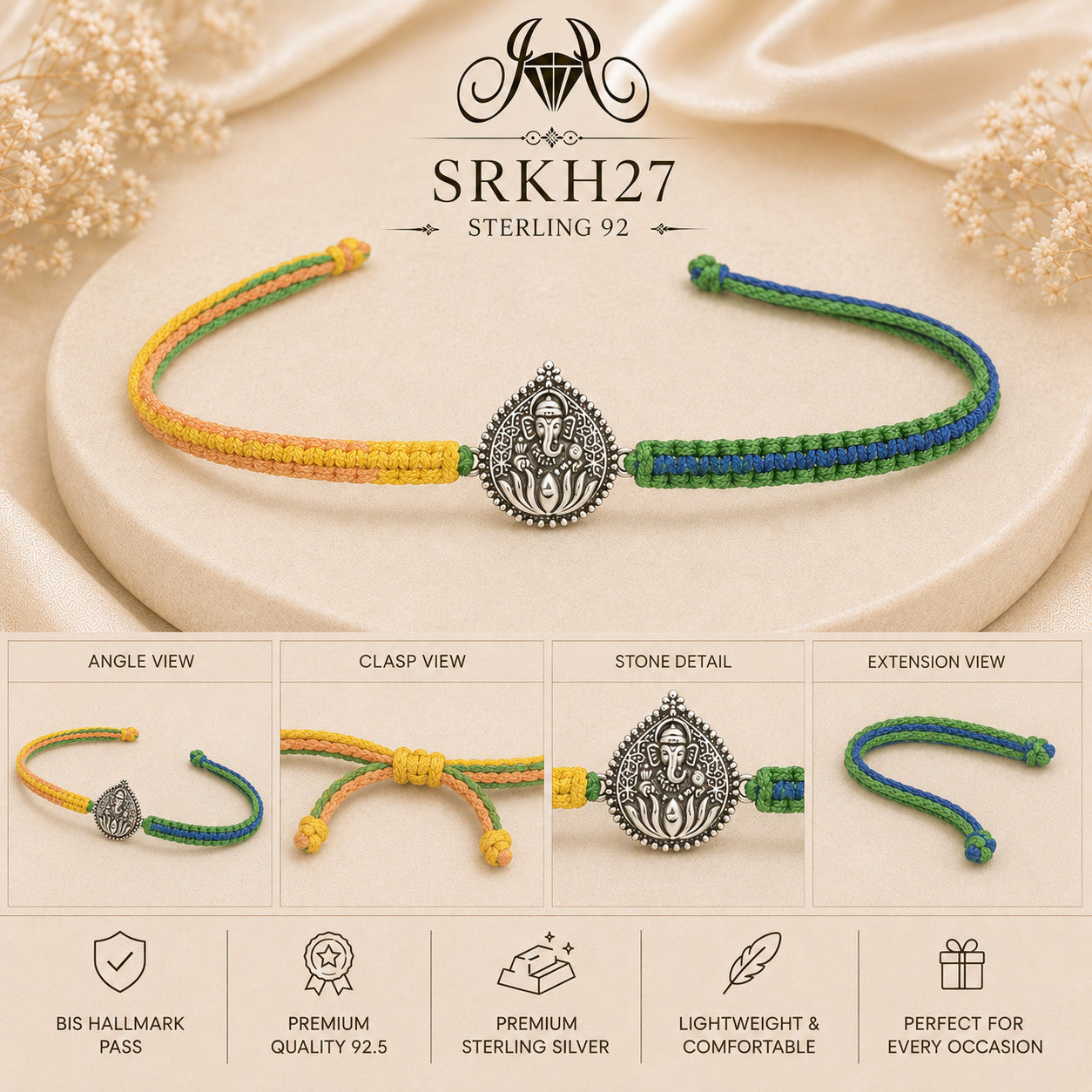 SRKH27 premium sterling silver Rakhi detail views