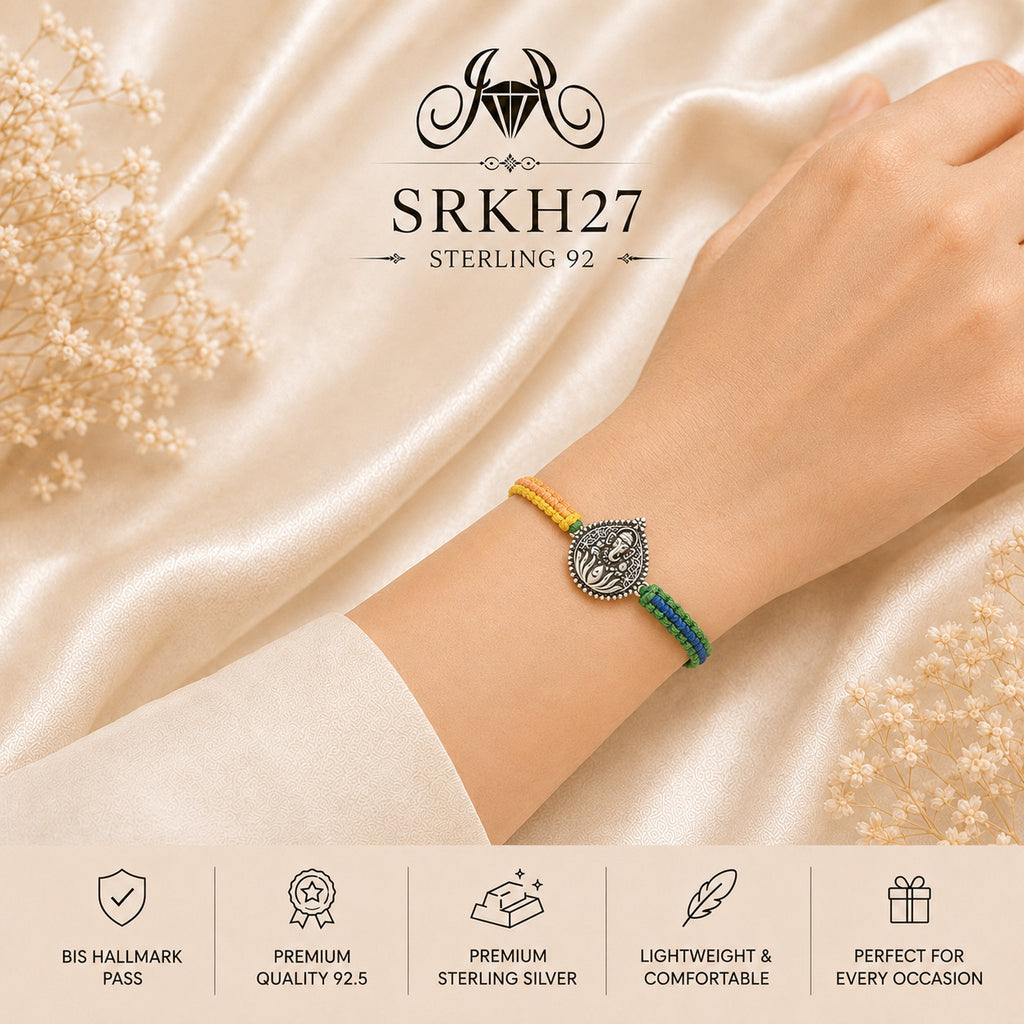 SRKH27 premium sterling silver Rakhi worn on wrist