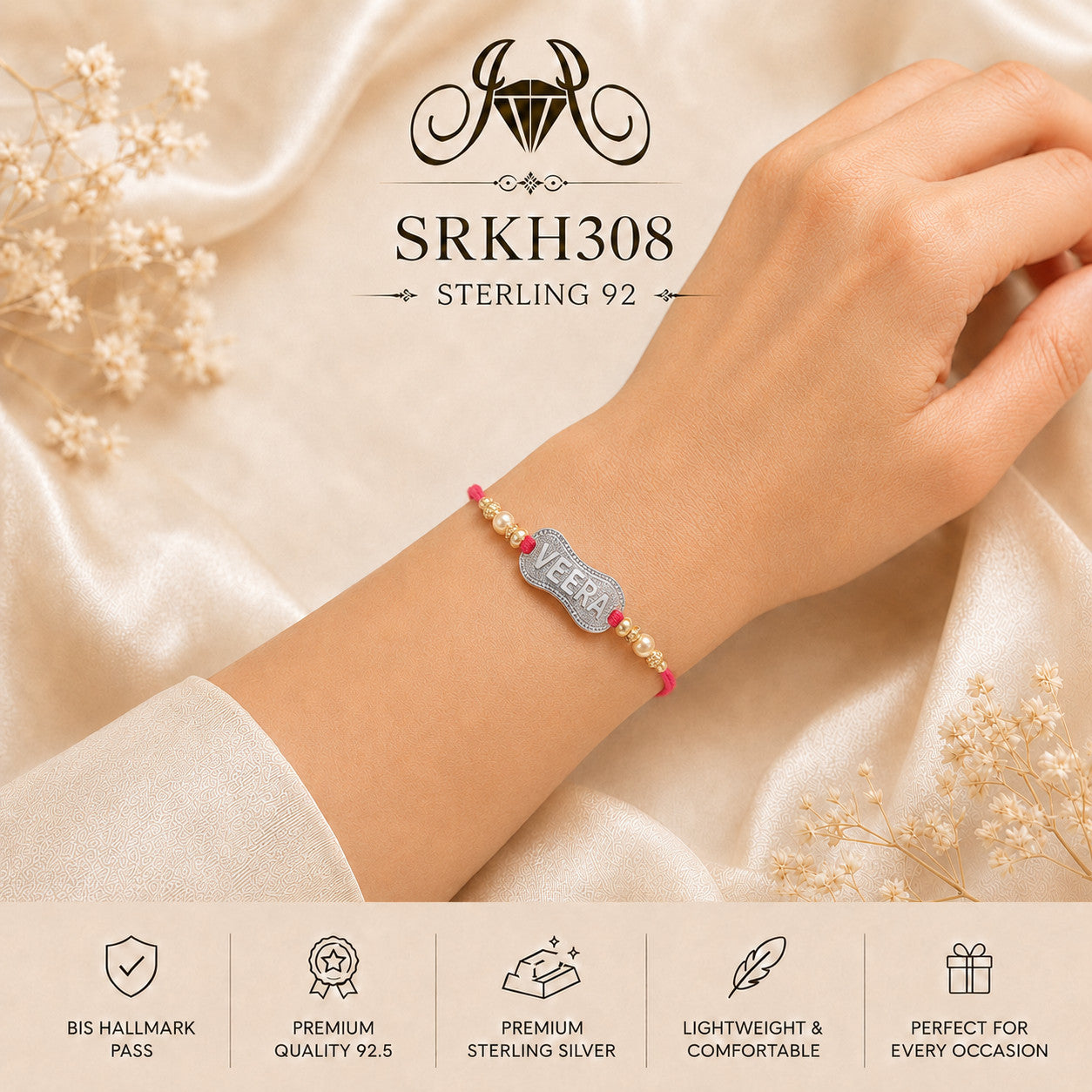 SRKH308 premium sterling silver Rakhi worn on wrist