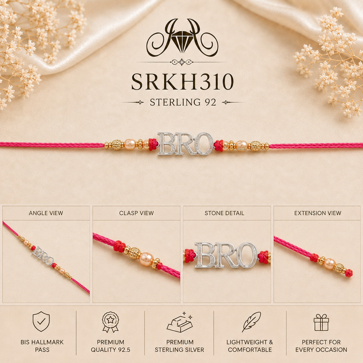 SRKH310 premium sterling silver Rakhi detail views