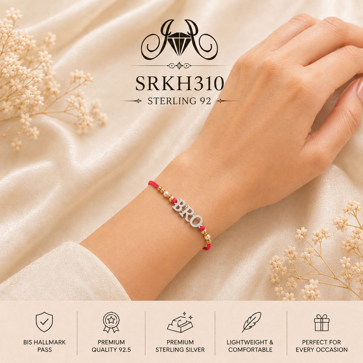 SRKH310 premium sterling silver Rakhi worn on wrist