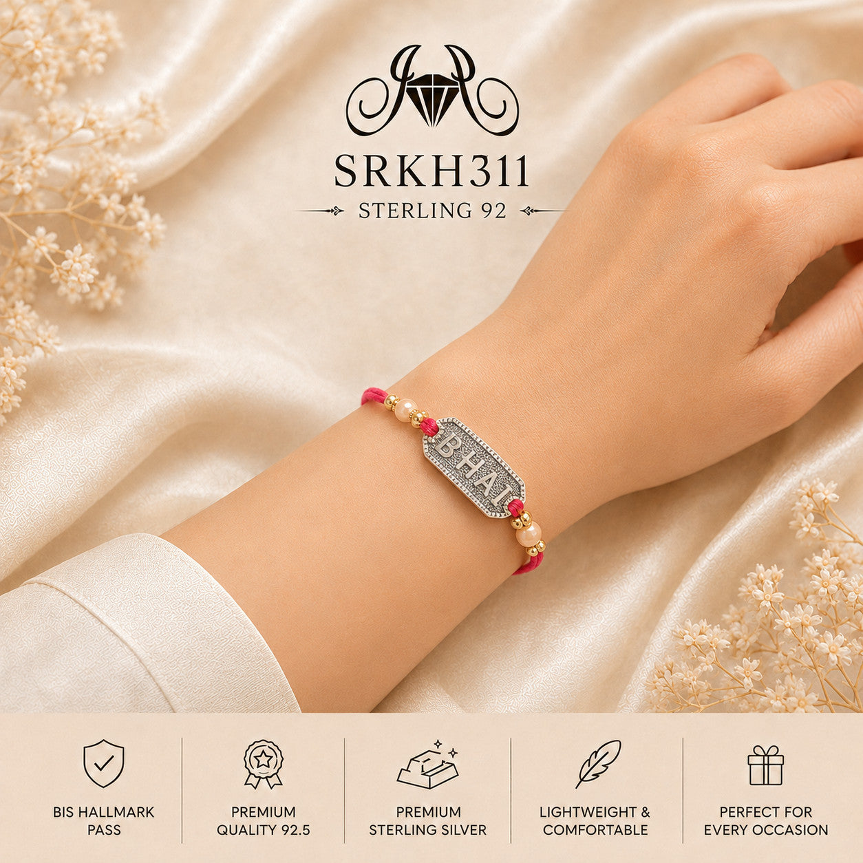 SRKH311 premium sterling silver Rakhi worn on wrist