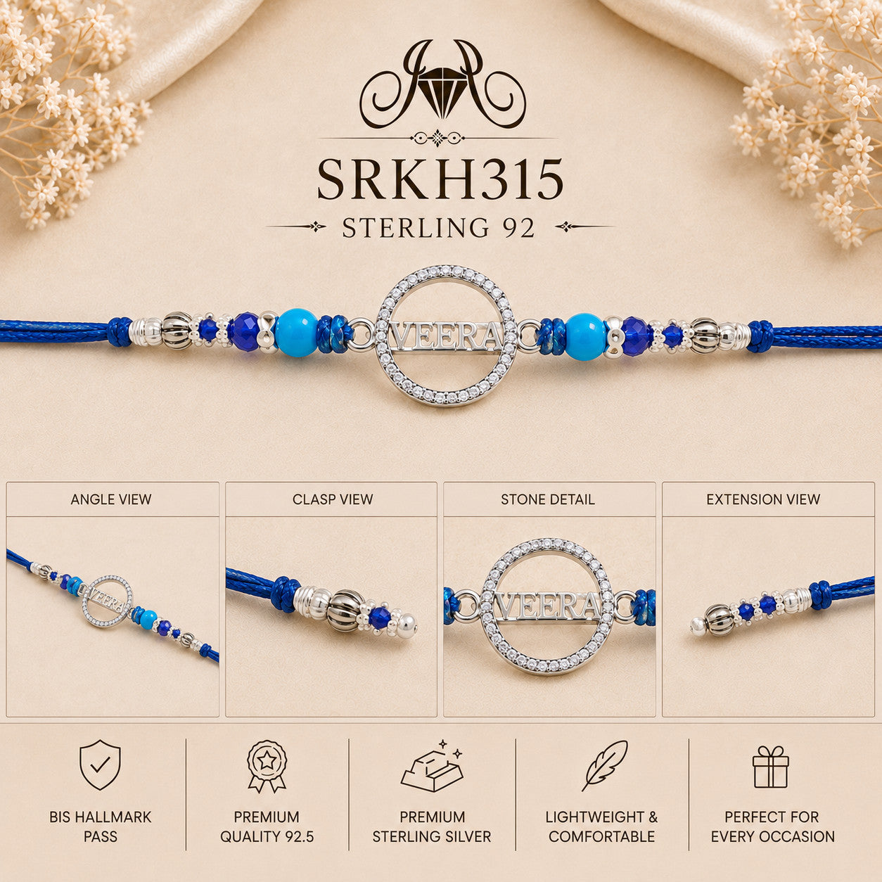 SRKH315 premium sterling silver Rakhi detail views