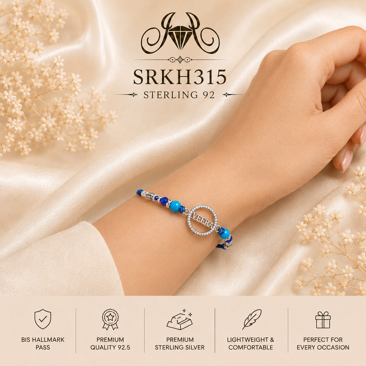SRKH315 premium sterling silver Rakhi worn on wrist