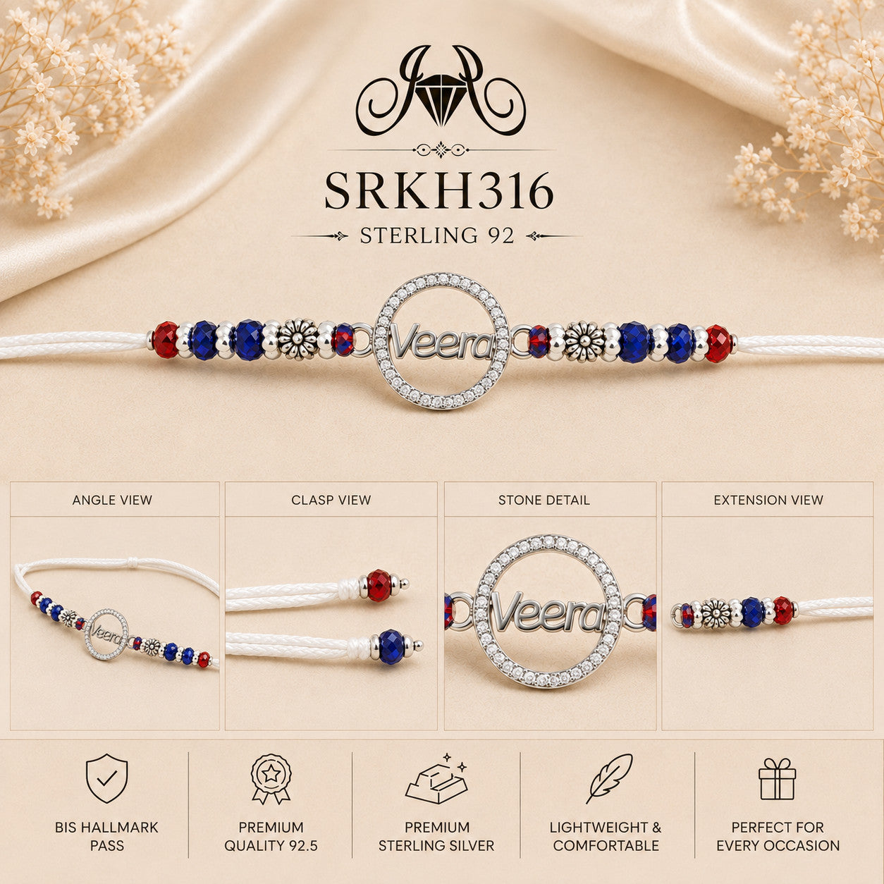 SRKH316 premium sterling silver Rakhi detail views