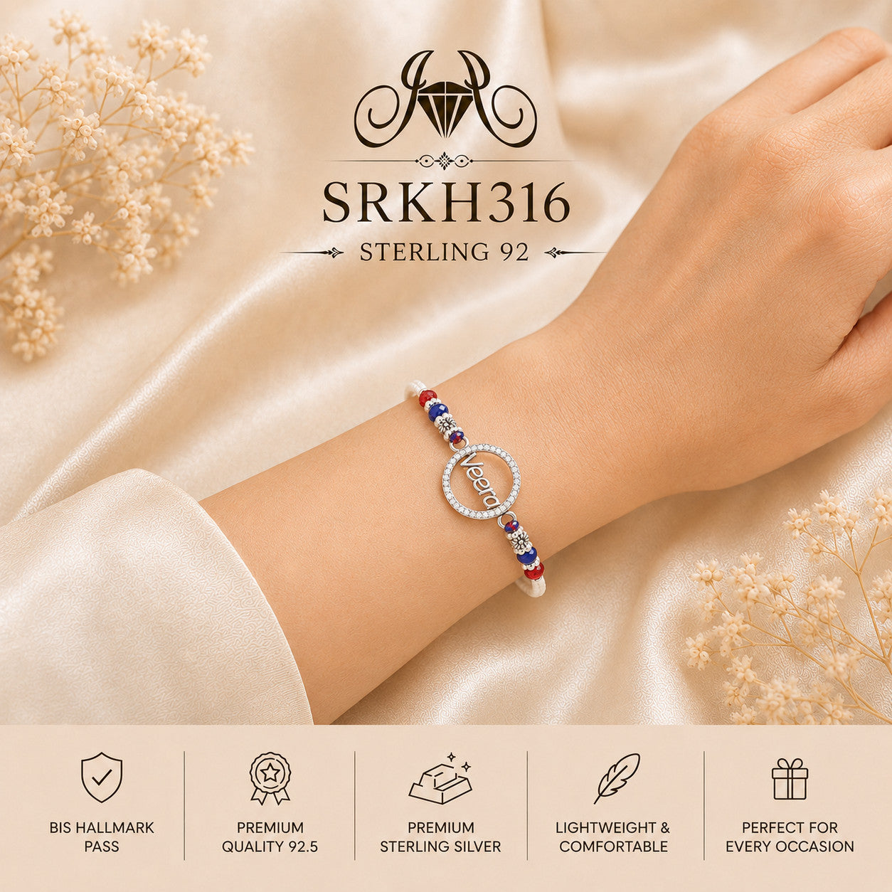 SRKH316 premium sterling silver Rakhi worn on wrist