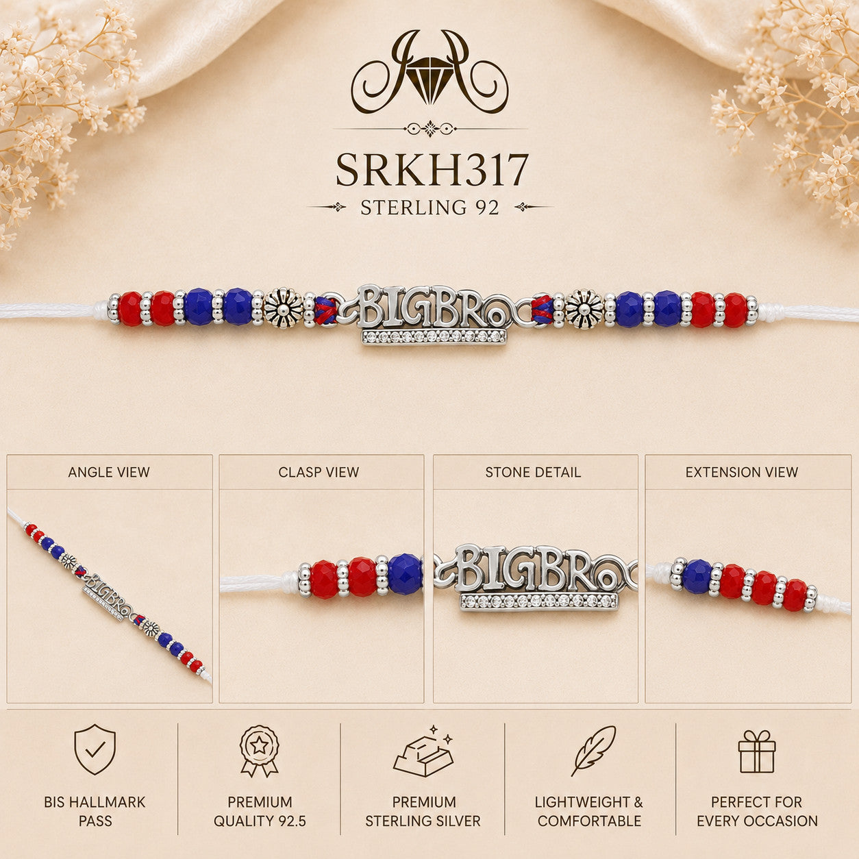SRKH317 premium sterling silver Rakhi detail views