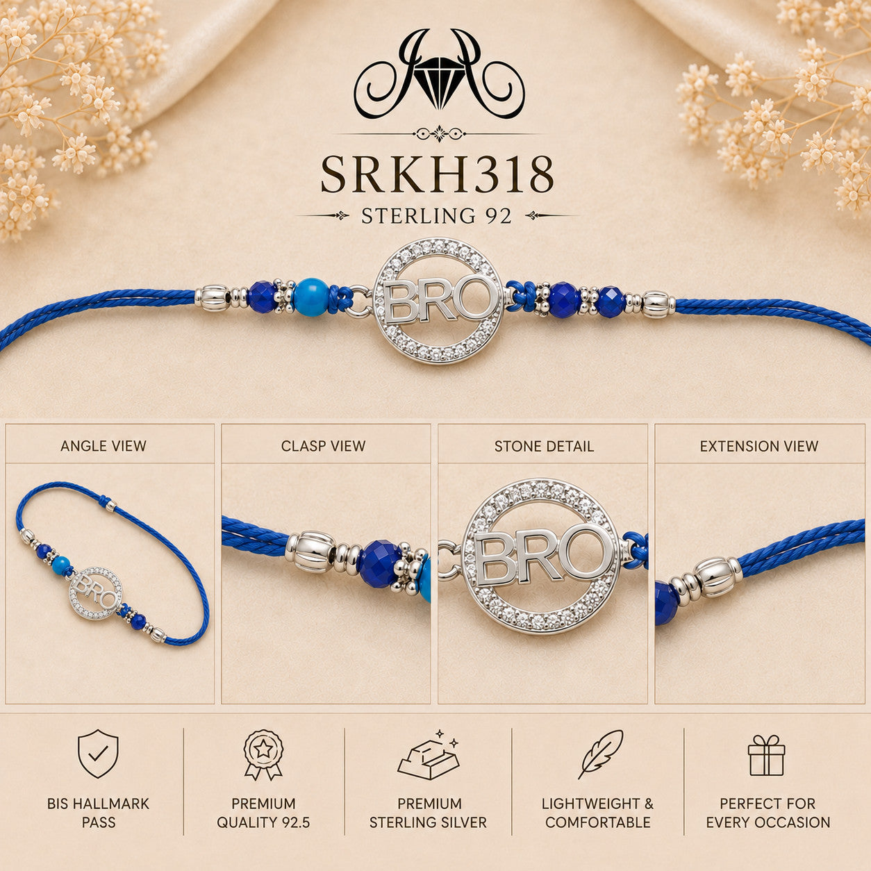 SRKH318 premium sterling silver Rakhi detail views