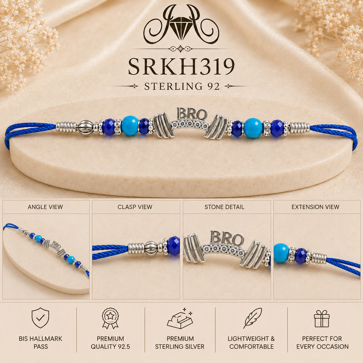 SRKH319 premium sterling silver Rakhi detail views