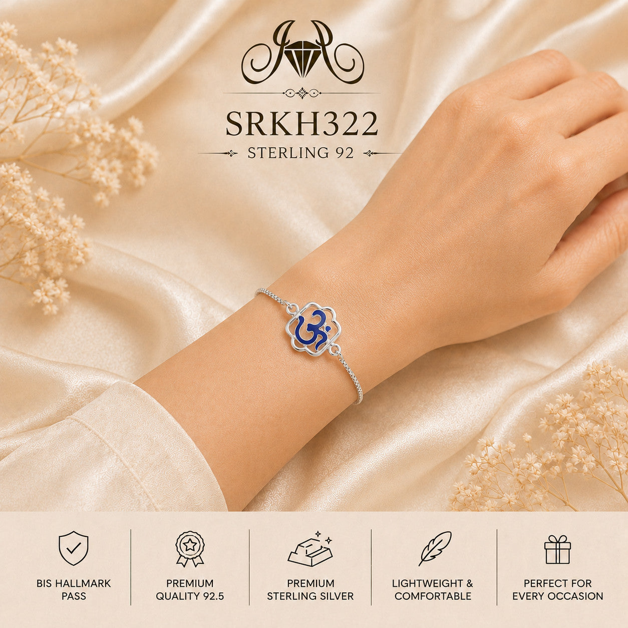 SRKH322 premium sterling silver Rakhi worn on wrist