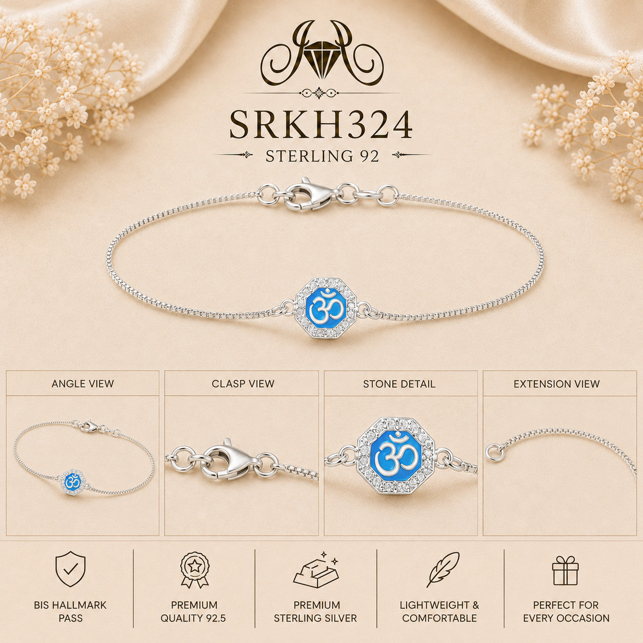 SRKH324 premium sterling silver Rakhi detail views