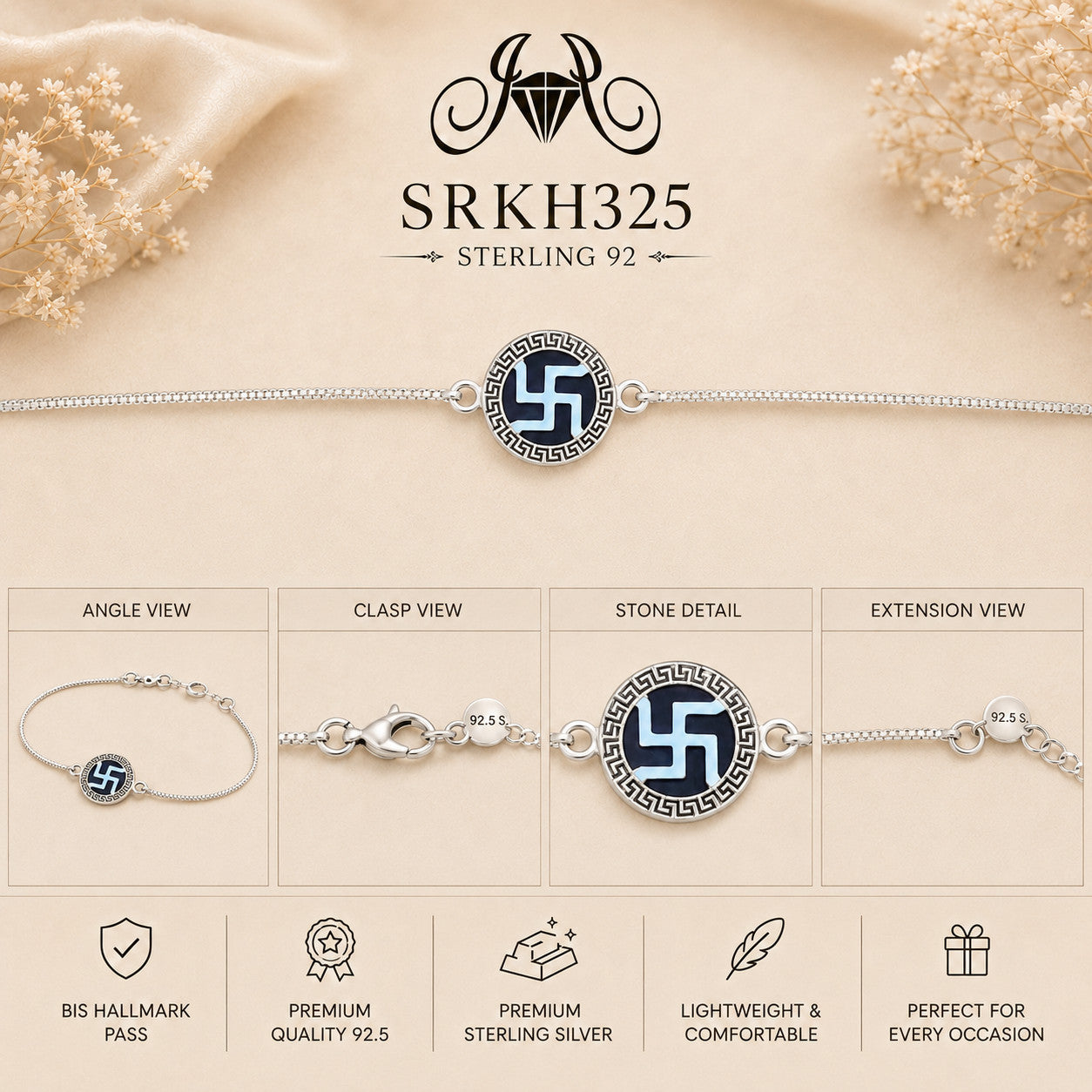 SRKH325 premium sterling silver Rakhi detail views