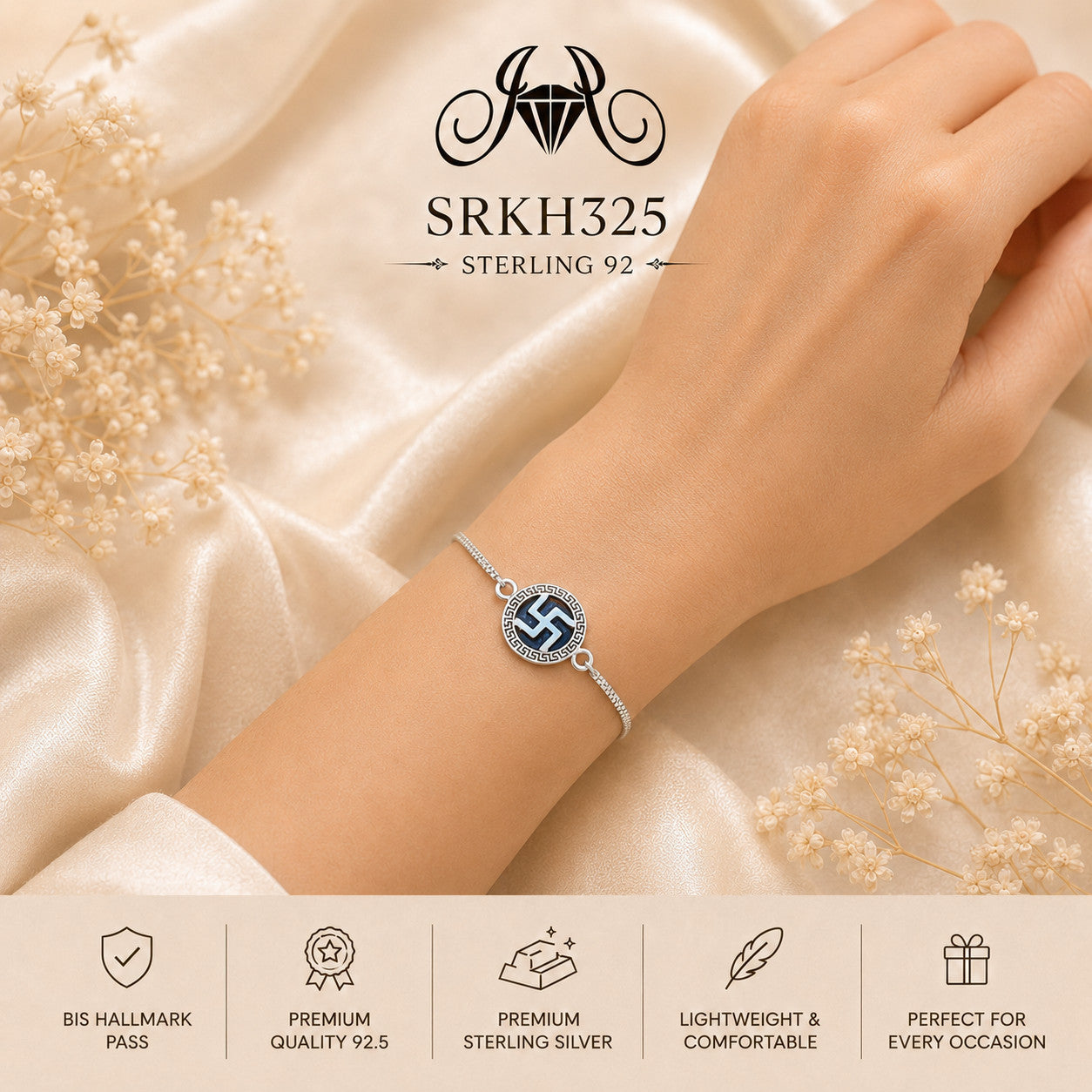 SRKH325 premium sterling silver Rakhi worn on wrist