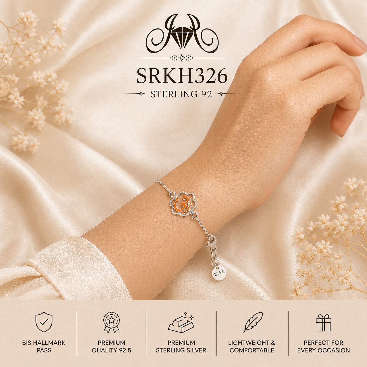SRKH326 premium sterling silver Rakhi worn on wrist