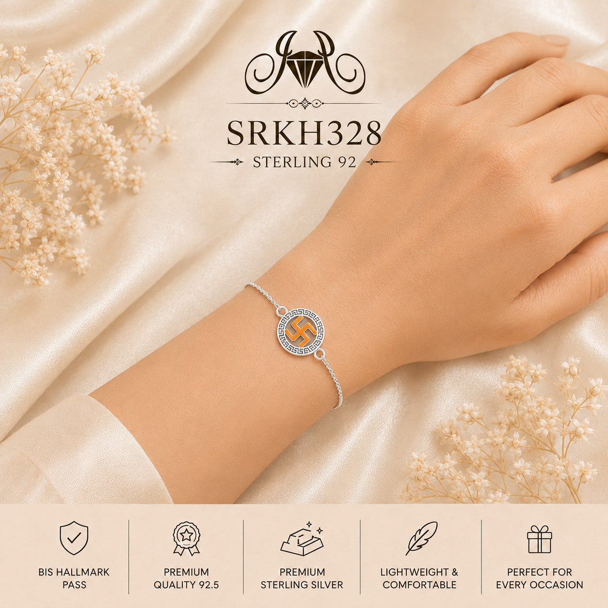 SRKH328 premium sterling silver Rakhi worn on wrist