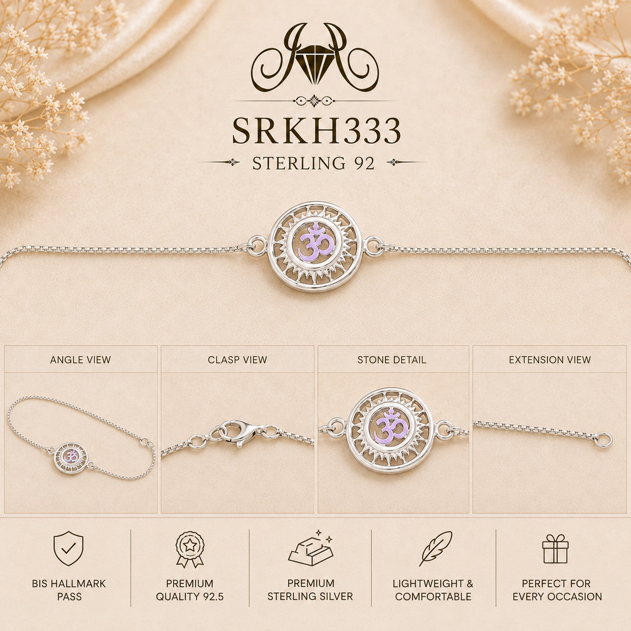 SRKH333 premium sterling silver Rakhi detail views