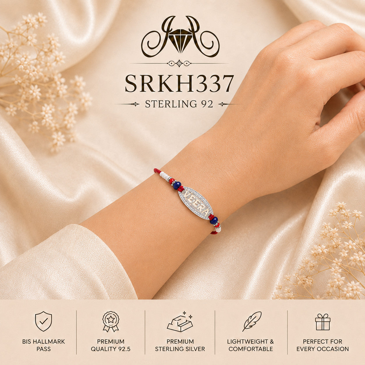 SRKH337 premium sterling silver Rakhi worn on wrist