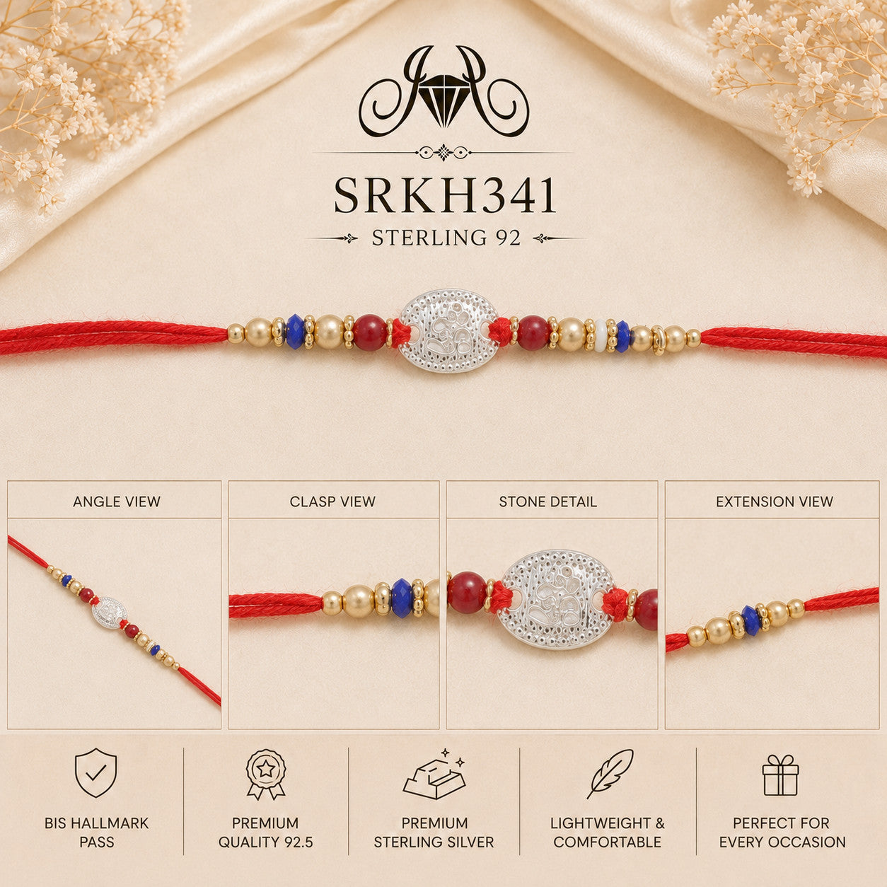 SRKH341 premium sterling silver Rakhi detail views