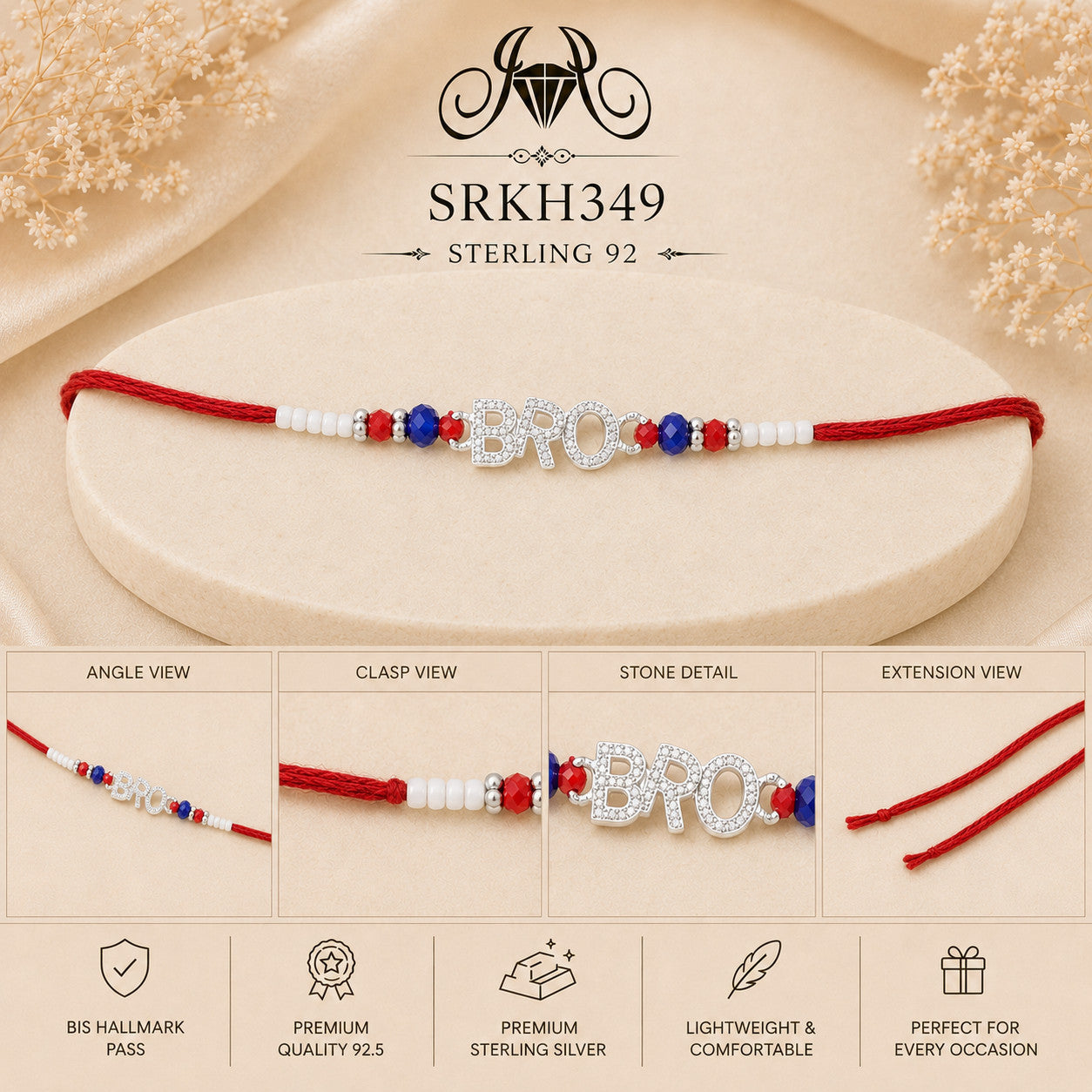 SRKH349 premium sterling silver Rakhi detail views