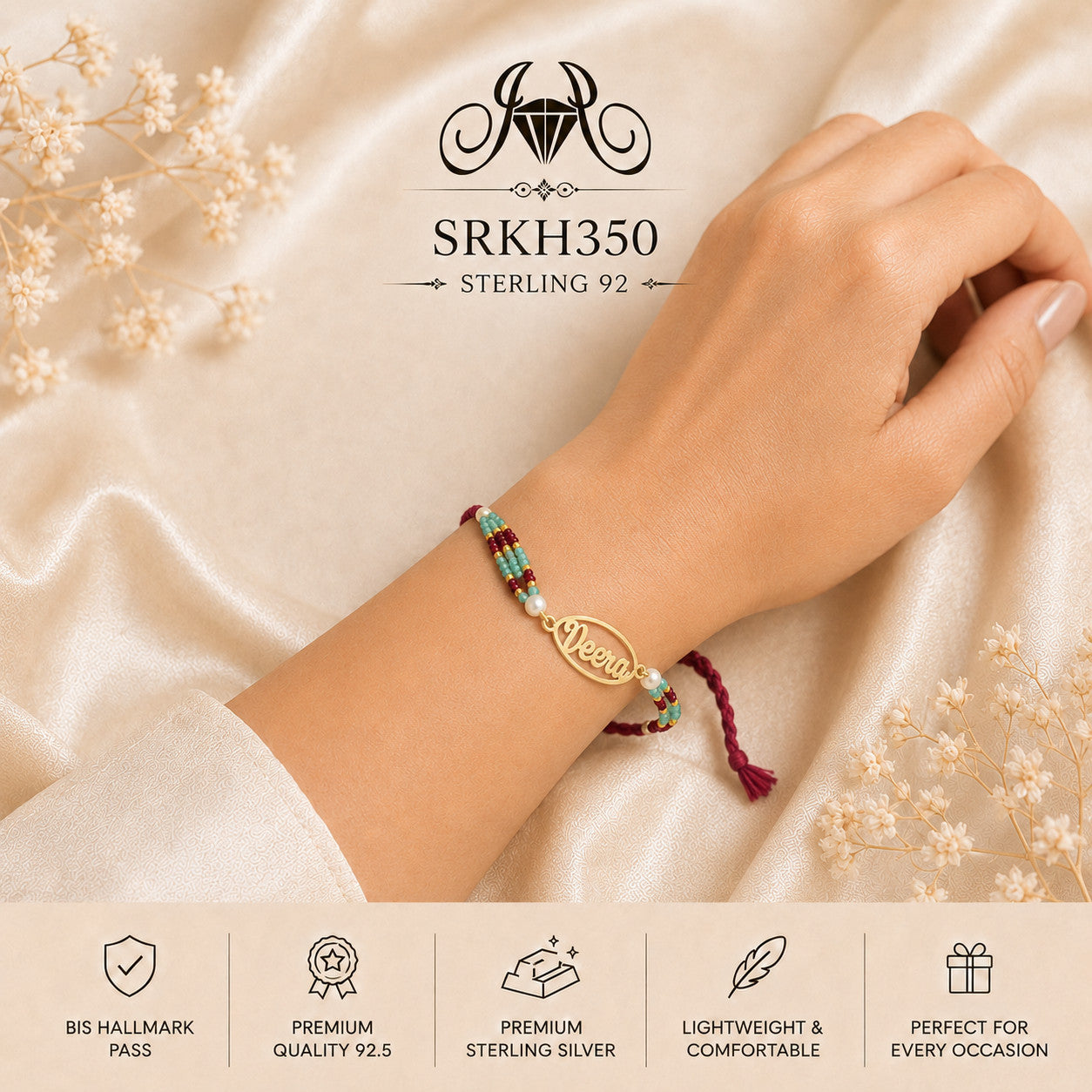 SRKH350 sterling silver rakhi worn on wrist
