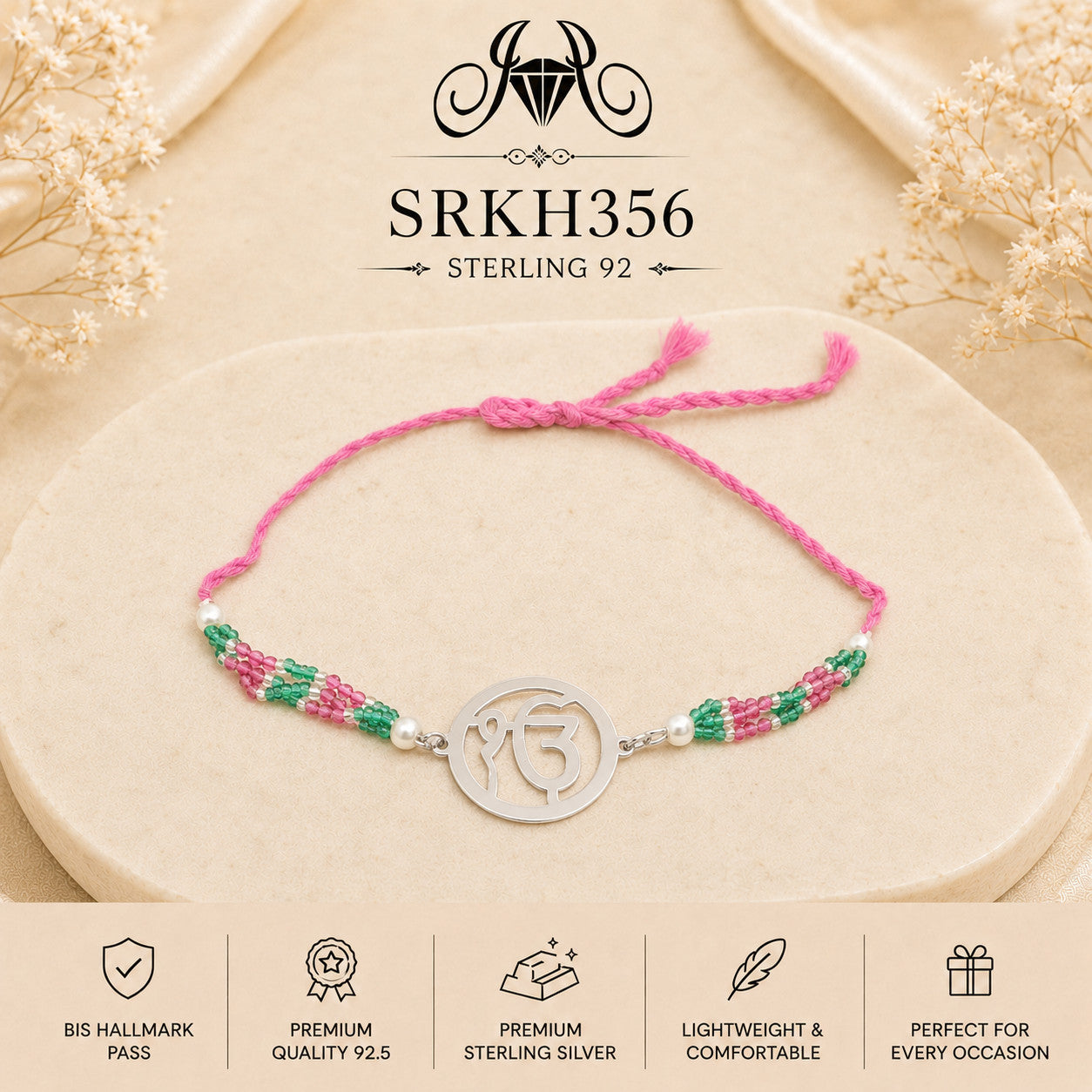 SRKH356 Ik Onkar sterling silver rakhi front view