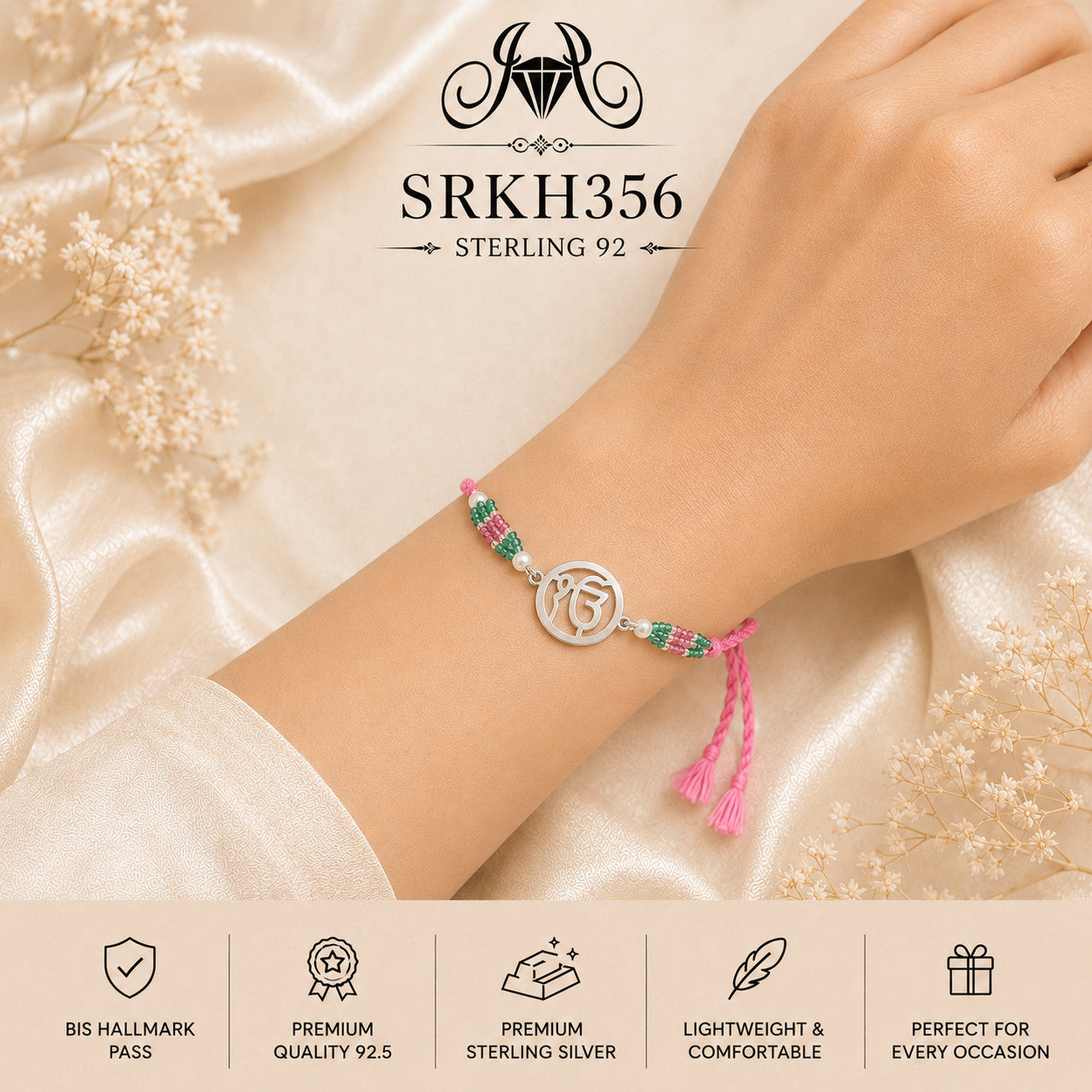 SRKH356 sterling silver rakhi worn on wrist